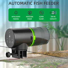 Alimentador FREESEA con ajuste de porciones para diferentes tamaños de peces.