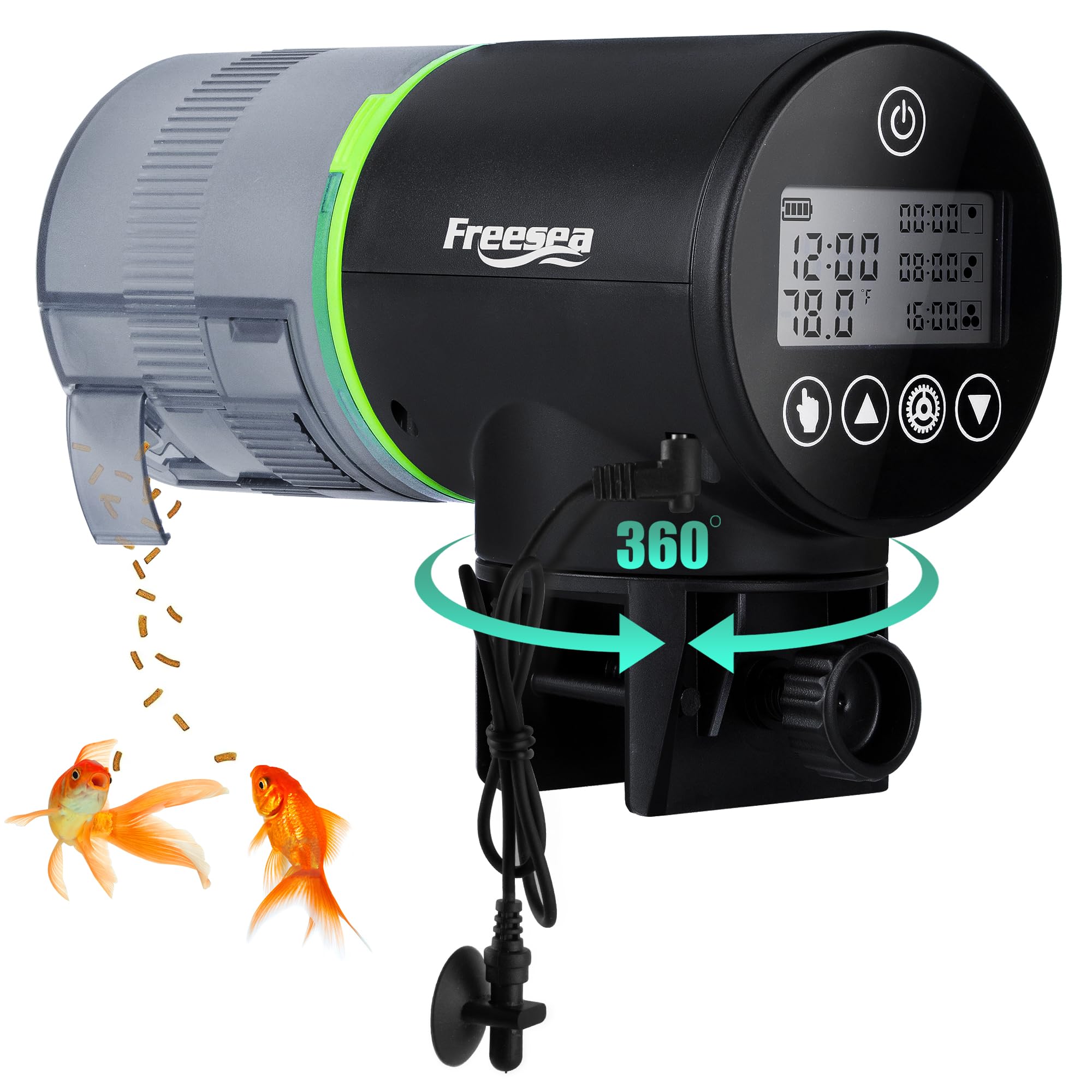 FREESEA alimentador automático para acuario, vista frontal, alimentación programable para peces.