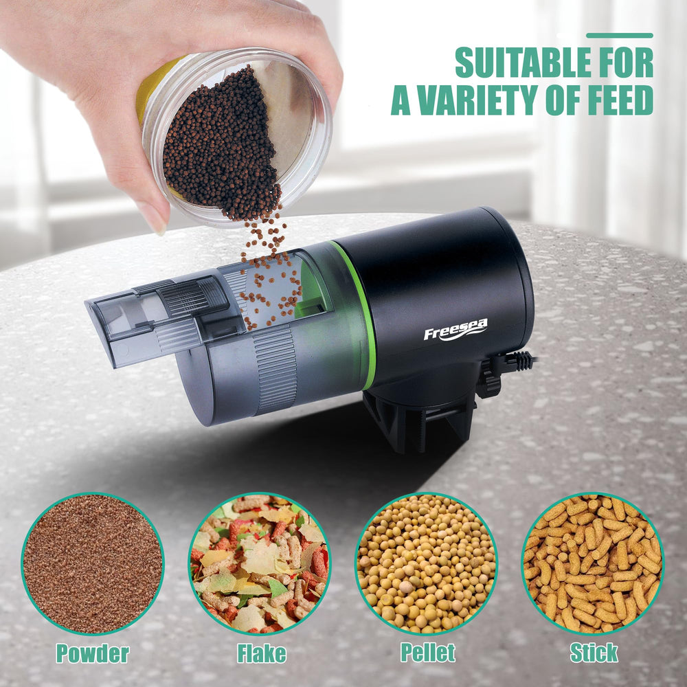 FREESEA alimentador automático acuario, montaje práctico con clip, compatible con diferentes tanques.