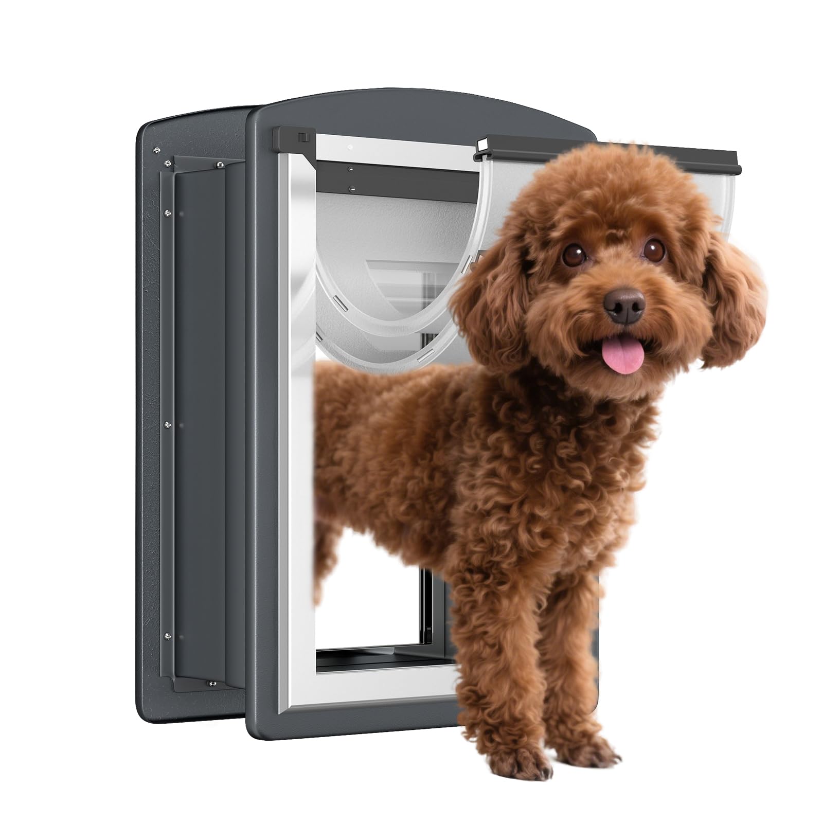 FreeStanding puerta para perros en pared Smoky Gray, duradera y segura para interiores.