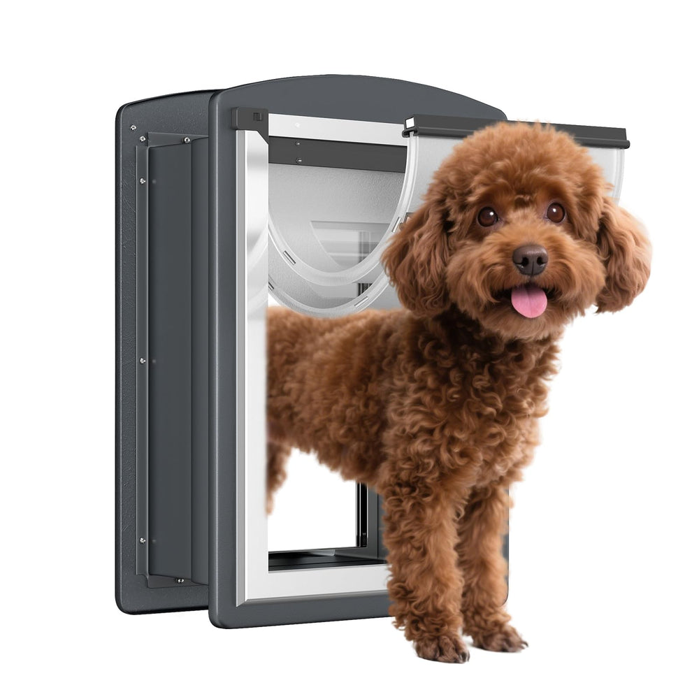 FreeStanding puerta para perros en pared Smoky Gray, duradera y segura para interiores.