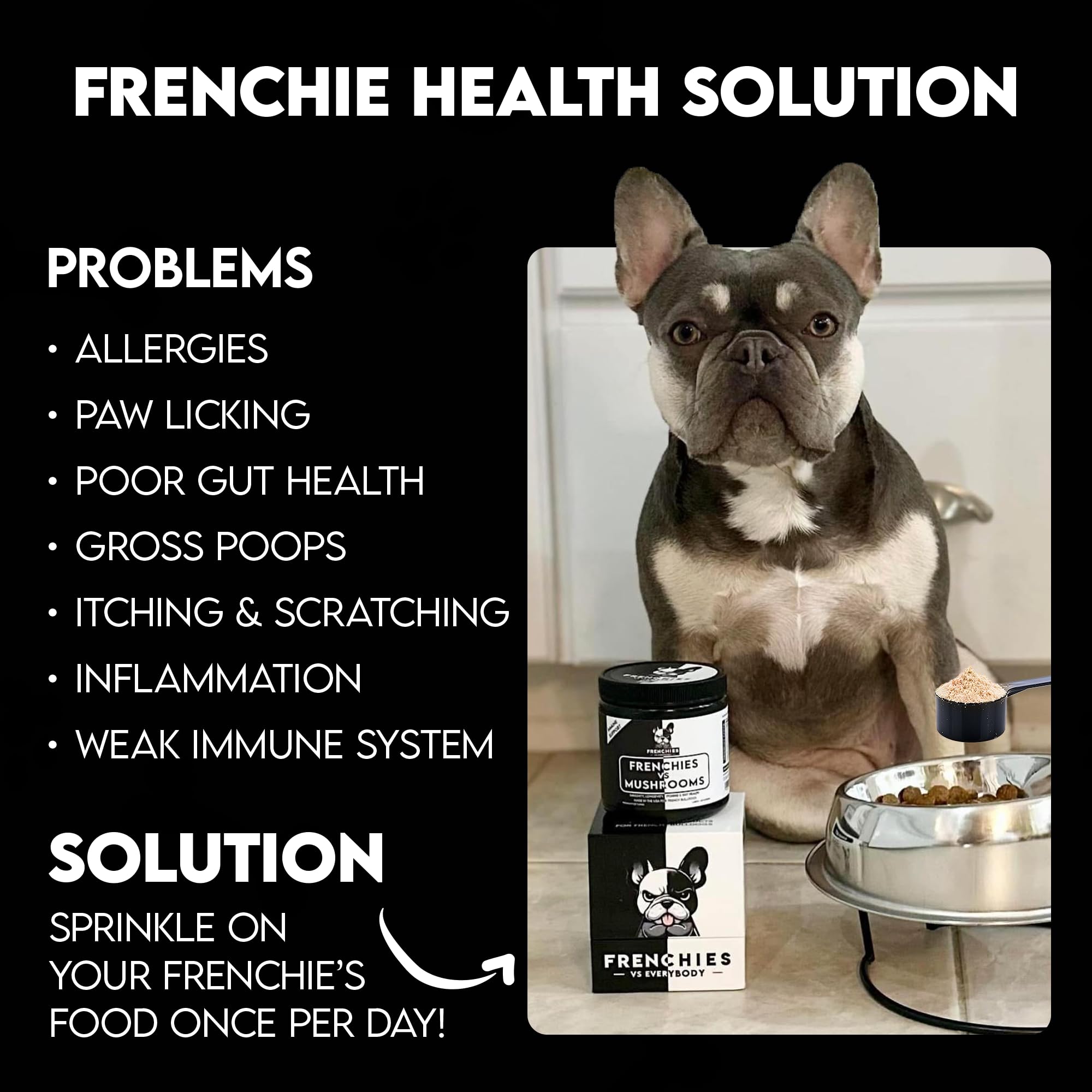 Polvo de hongo para perros Frenchies vs Everybody, favorece la digestión saludable.