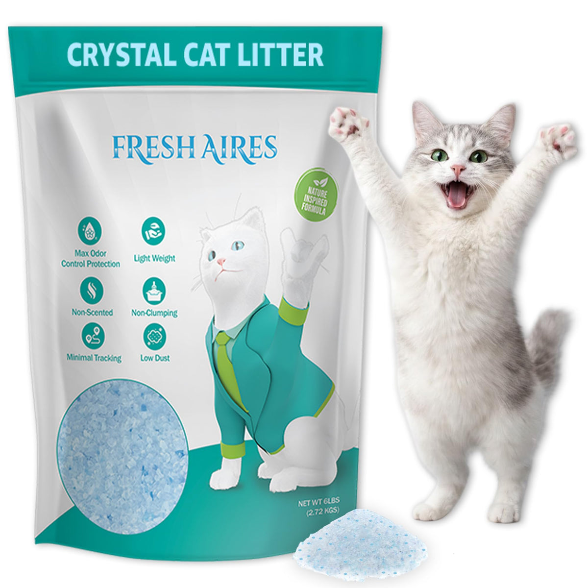Fresh Aires, bolsa de 6 lb, arena de cristales para gatos, manejo cómodo en casa.