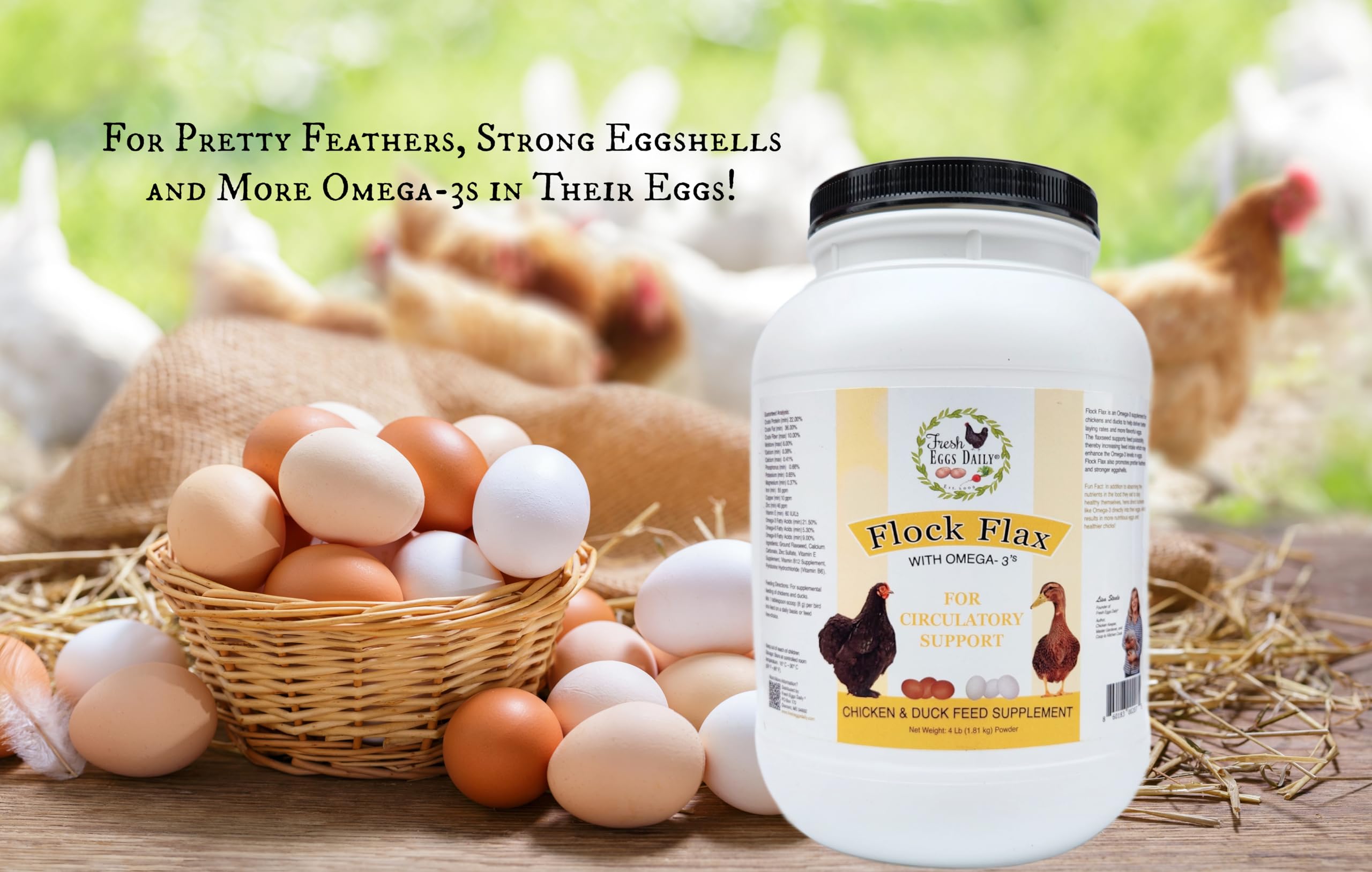 Fresh Eggs Daily: cucharilla medidora y linaza para aves, uso fácil diario.