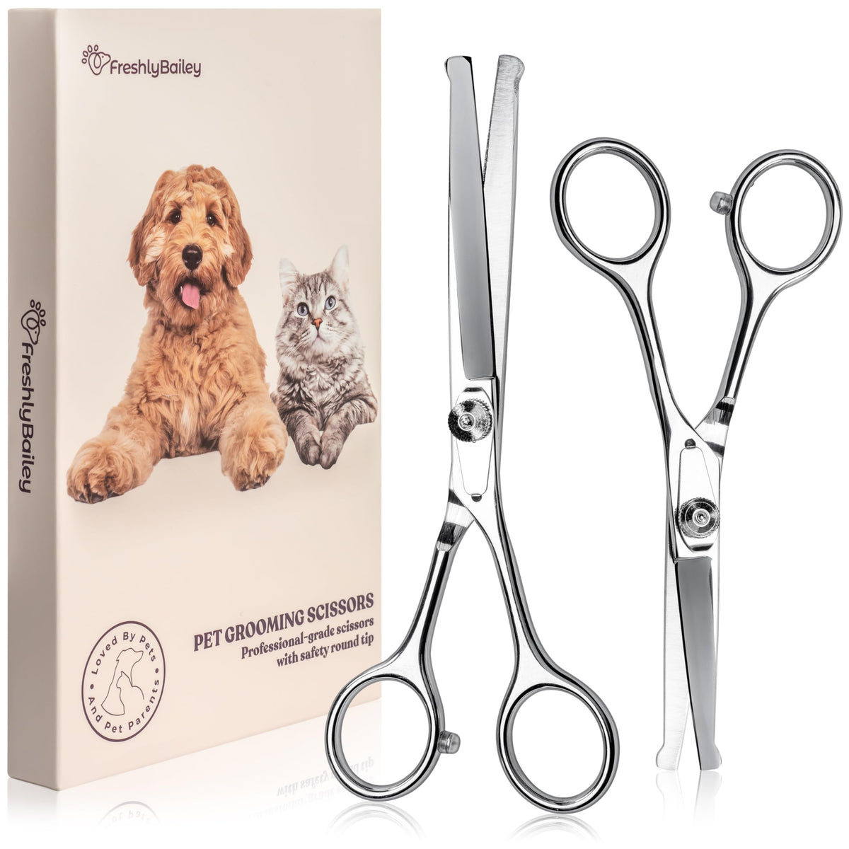 Freshly Bailey tijeras, corte seguro con puntas redondas para mascotas.