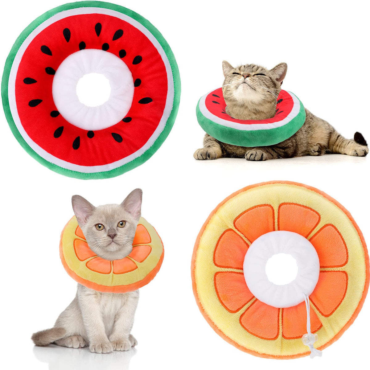 Frienda collar cono gato naranja, protege la herida y facilita comer.
