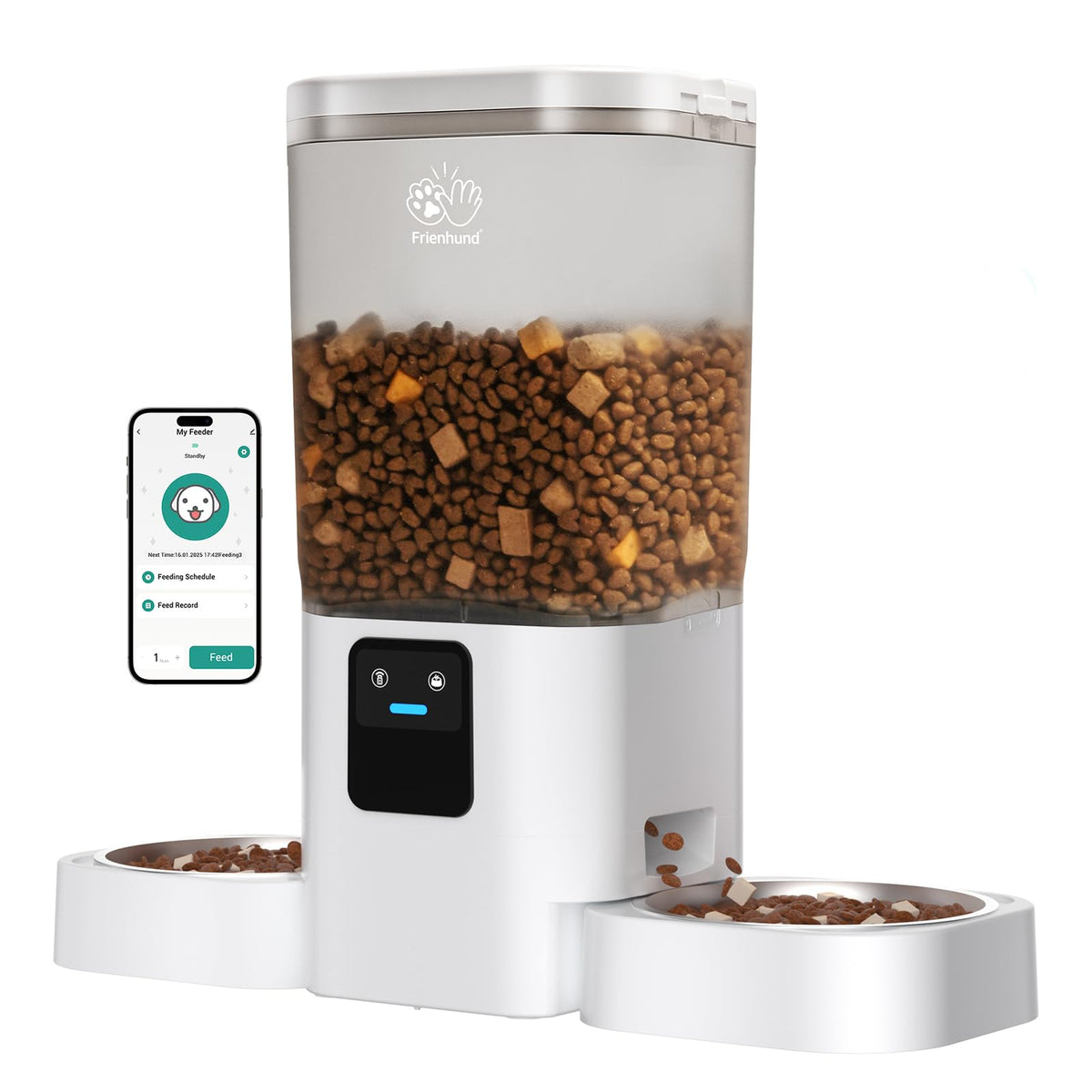 Frienhund alimentador automático para gatos con dos platos y espacio cómodo para cada mascota.