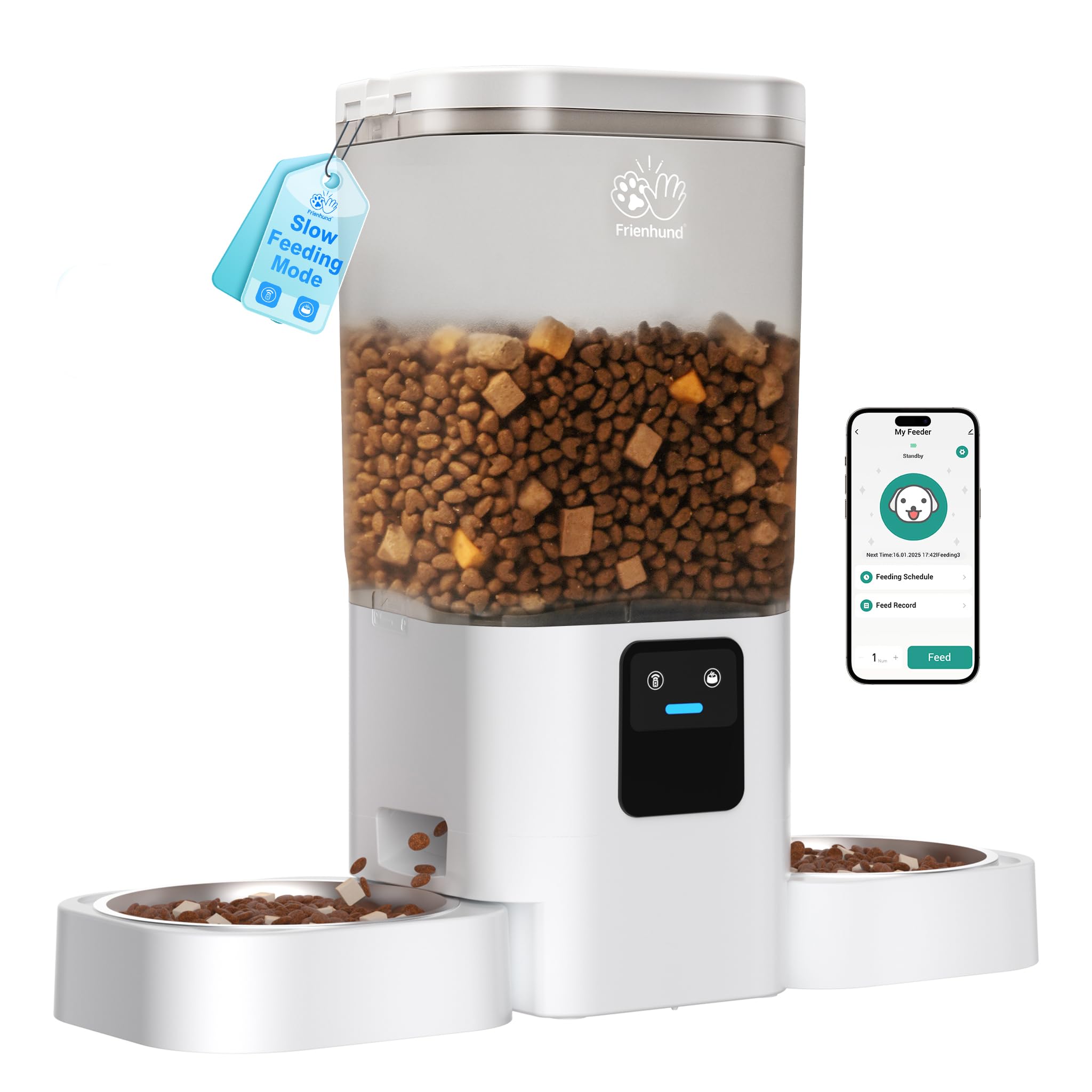 Frienhund dispensador de alimentos para gatos con doble tazón para dos mascotas.