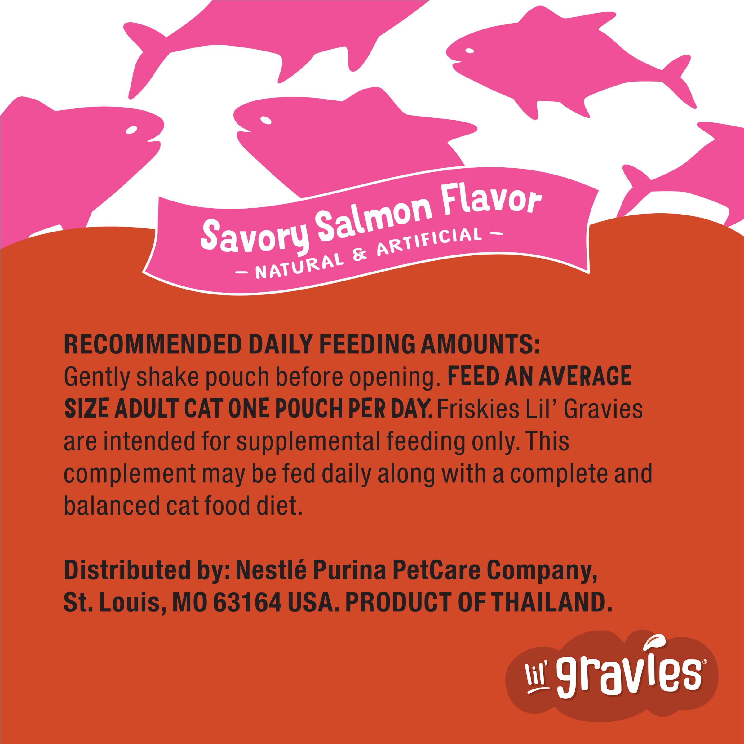 Friskies Lil' Gravies salmón, empaque fácil de abrir para servicio limpio