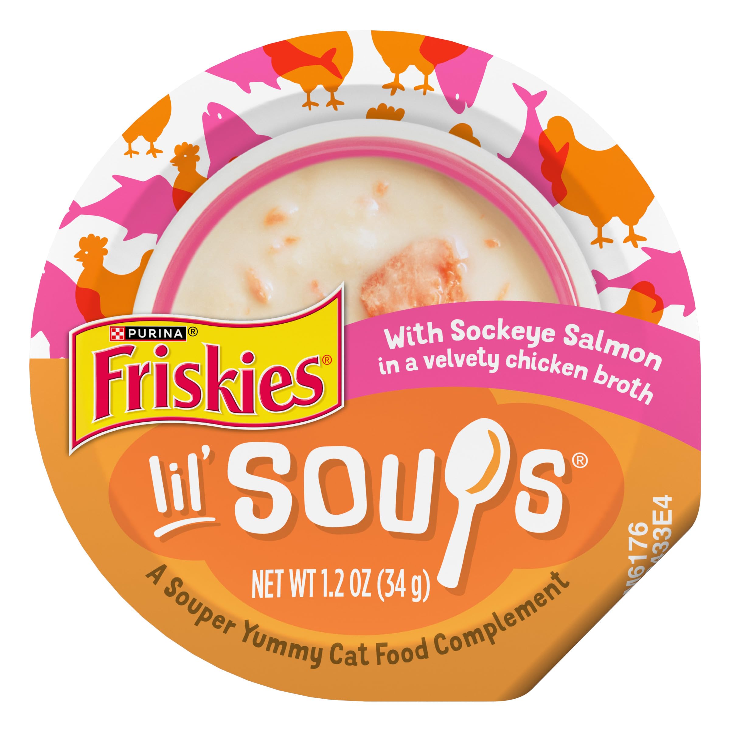 Friskies Lil' Soups salmón sockeye en caldo de pollo, taza lista para servir.