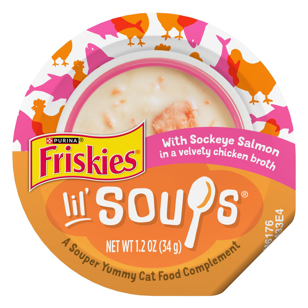 Friskies Lil' Soups salmón sockeye en caldo de pollo, taza lista para servir.