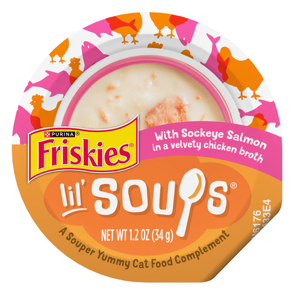Friskies Lil' Soups salmón sockeye en caldo de pollo, taza lista para servir.