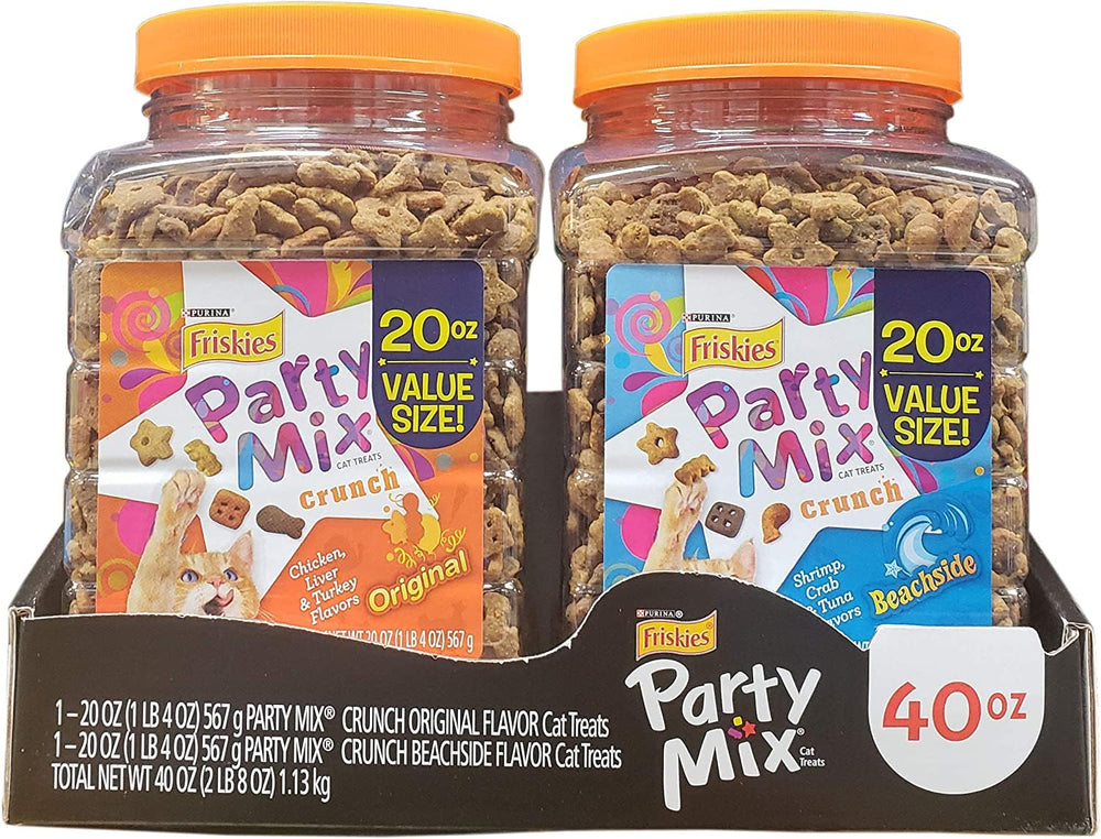 Friskies Party Mix bocaditos crujientes para gatos, snack diario con sabor a mariscos