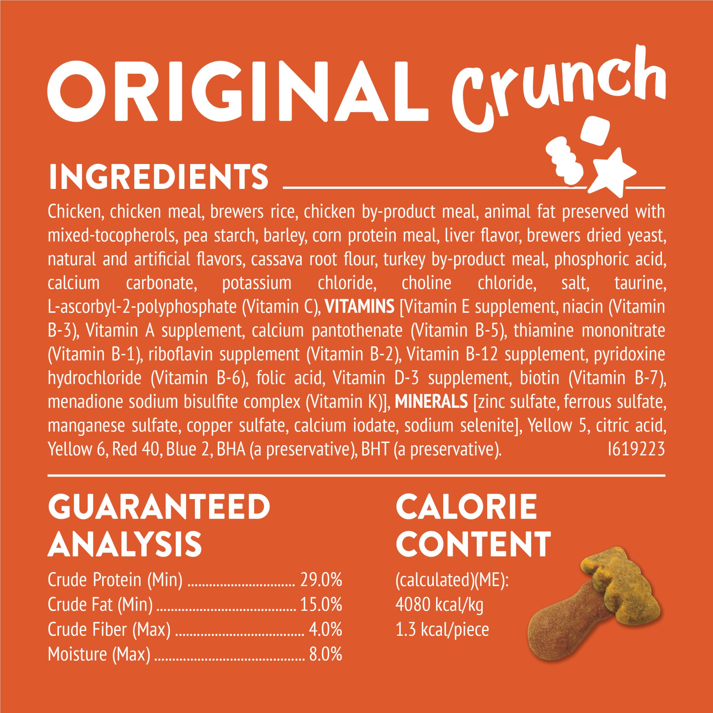Friskies Party Mix Original Crunch, calorías bajas por porción para meriendas entre comidas.