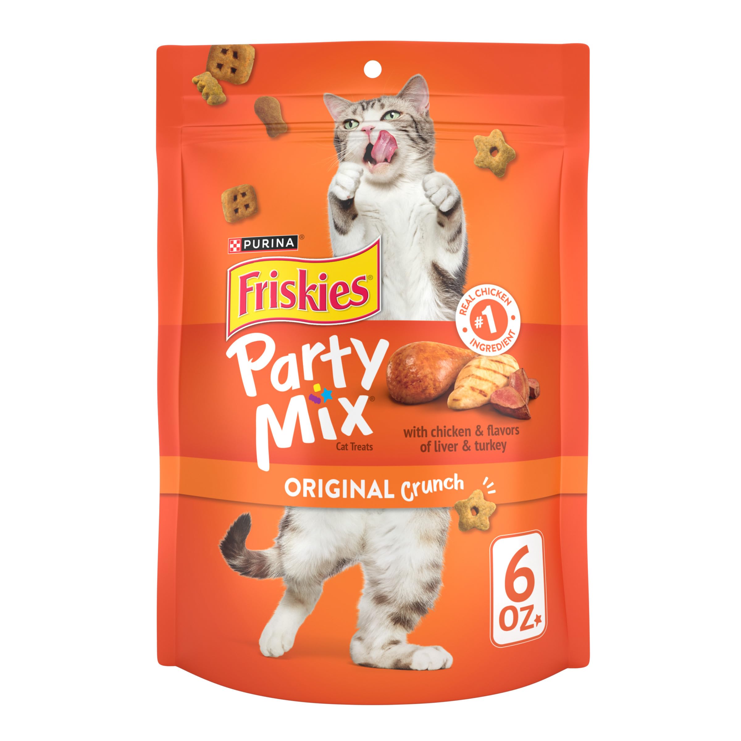 Friskies Party Mix Original Crunch, paquete de 6 oz, snack entre comidas para gatos.