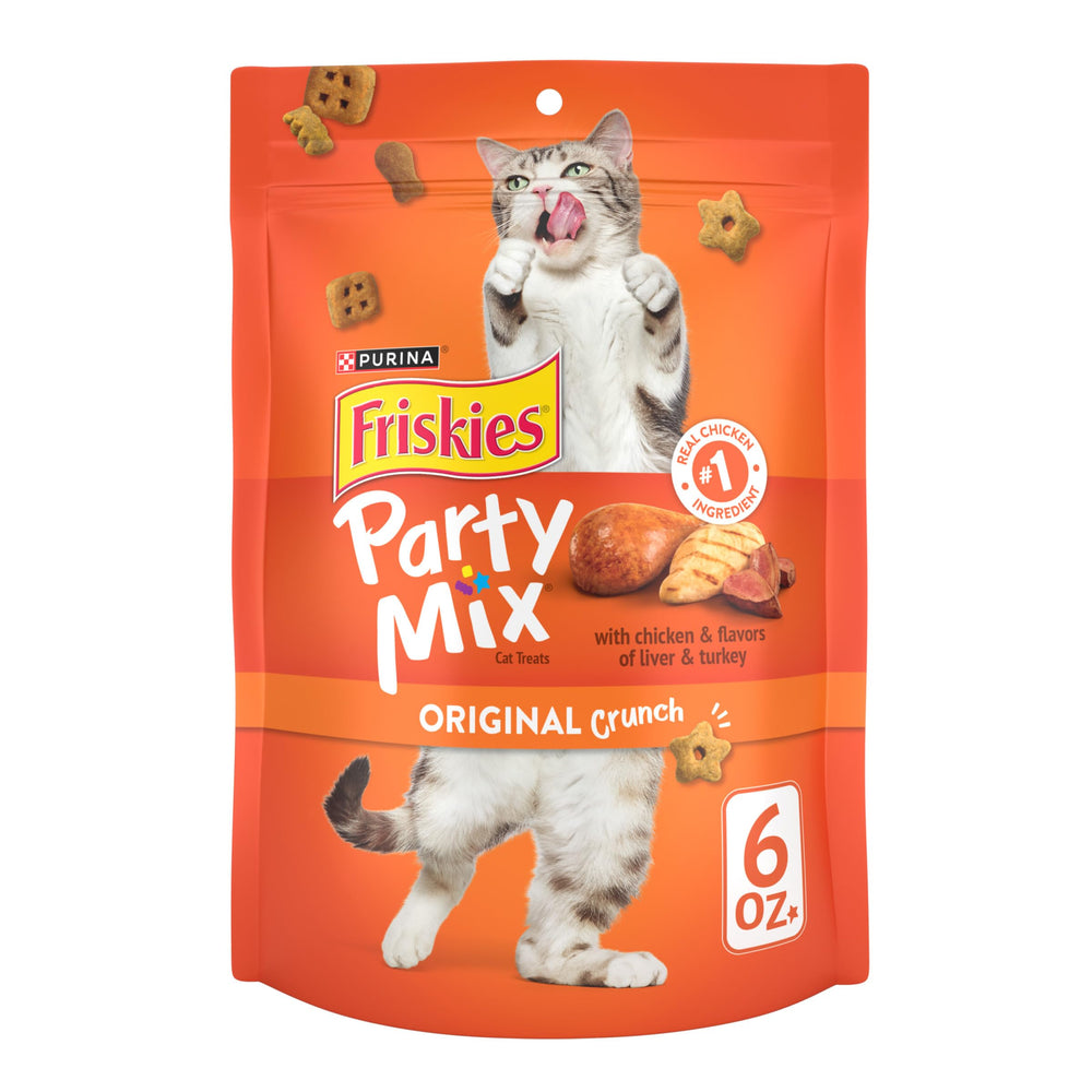 Friskies Party Mix Original Crunch, paquete de 6 oz, snack entre comidas para gatos.