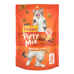 Friskies Party Mix Original Crunch, paquete de 6 oz, snack entre comidas para gatos.