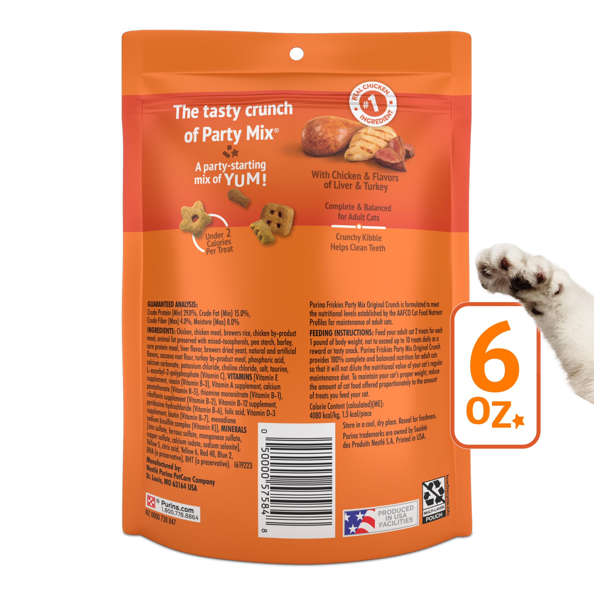 Friskies Party Mix Original Crunch, elaborado en instalaciones Purina en EE. UU. con décadas de innovación.