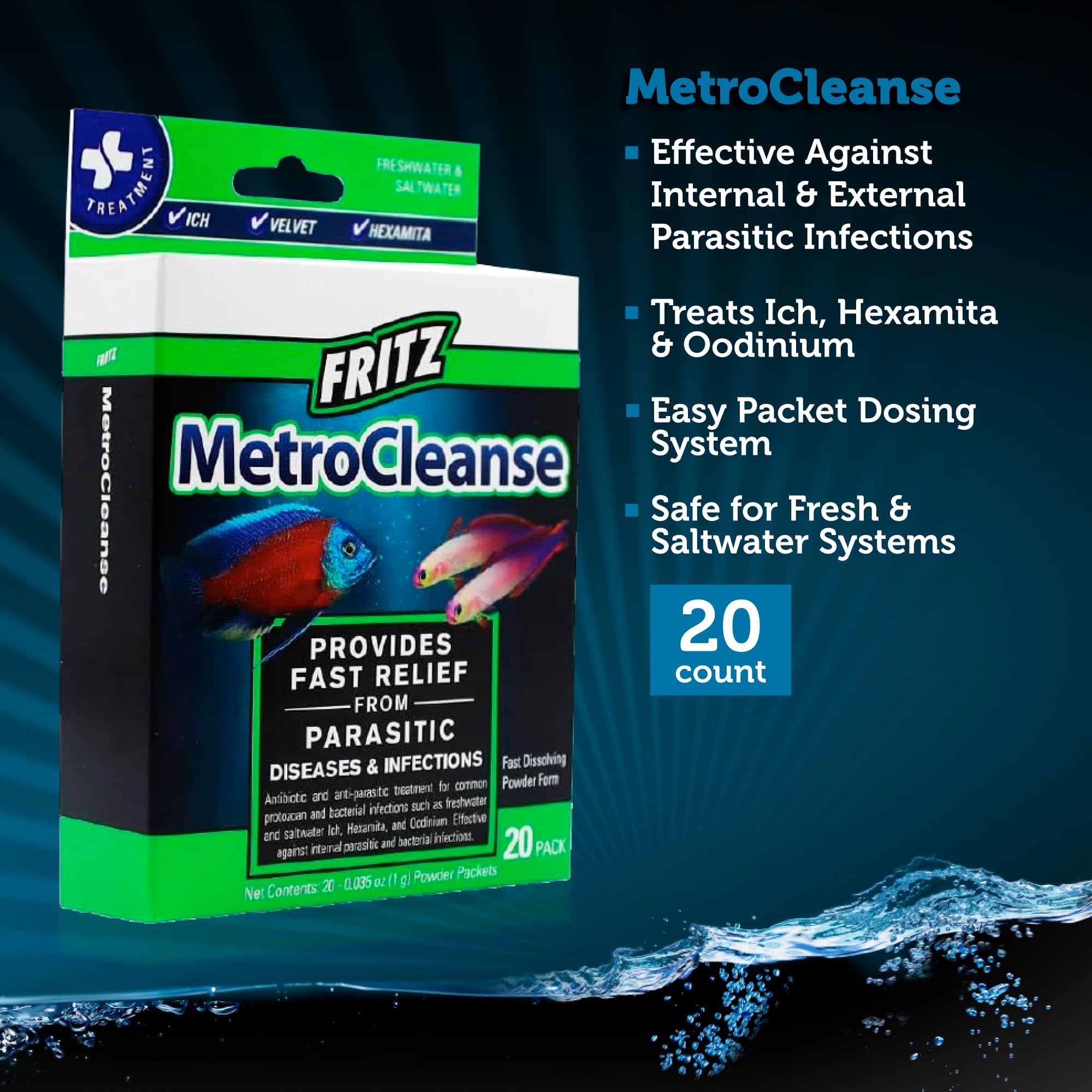 Fritz Aquatics MetroCleanse, etiqueta detalle, información clara para uso seguro y efectivo.
