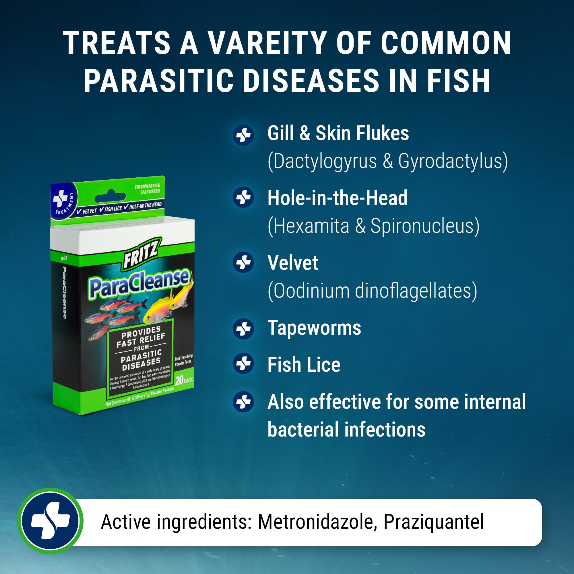 Fritz Aquatics Paracleanse: etiqueta con indicaciones y composición.