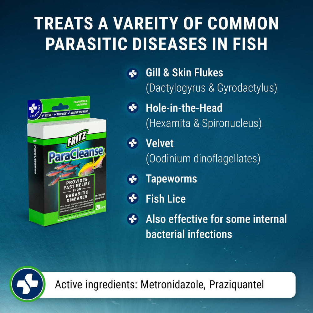 Fritz Aquatics Paracleanse: etiqueta con indicaciones y composición.