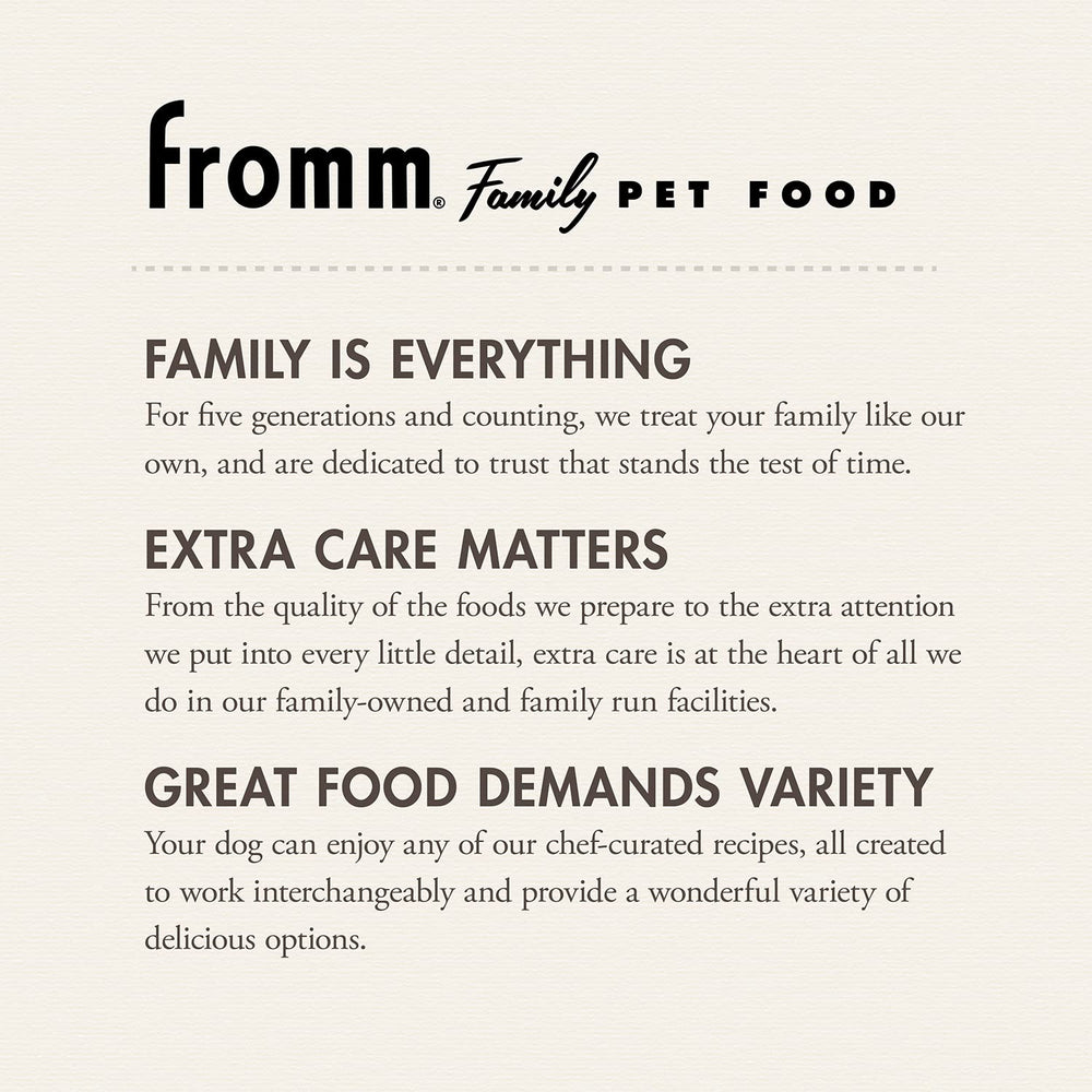 Fromm Cuatro Estrellas Nutricionales, frutas y verduras para sabor natural y fibra.
