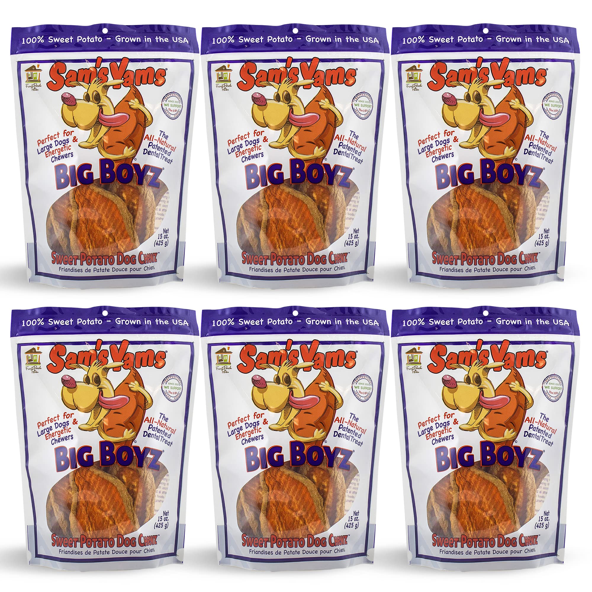 Front Porch Pets Sams Yams Big Boyz, bolsa de 6 unidades, ideal para masticación saludable.