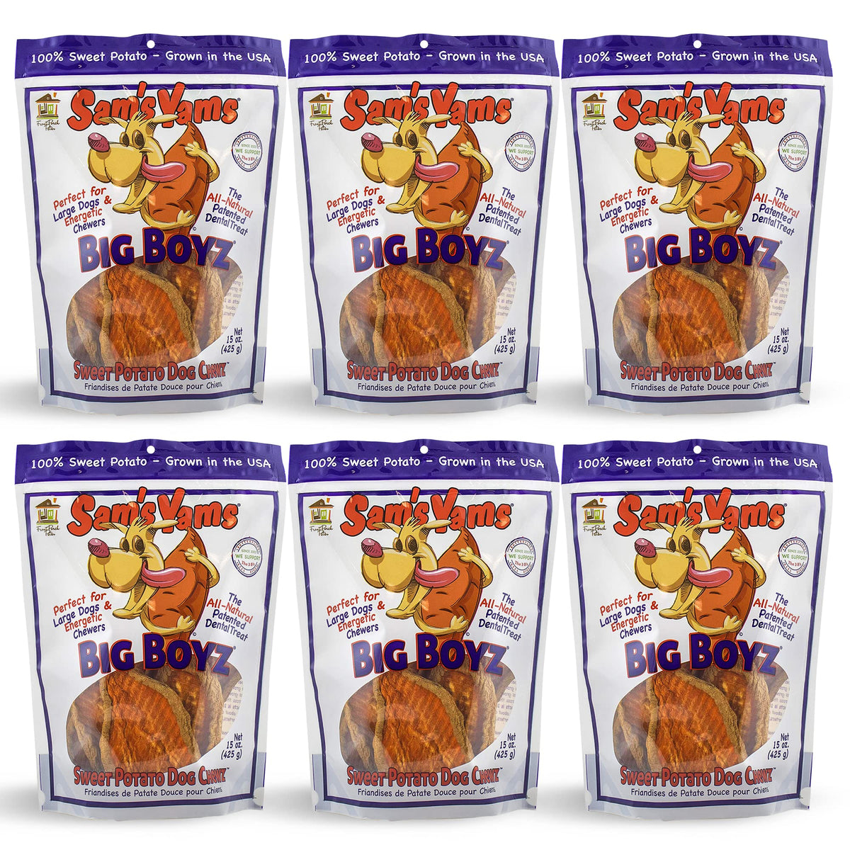 Front Porch Pets Sams Yams Big Boyz, bolsa de 6 unidades, ideal para masticación saludable.