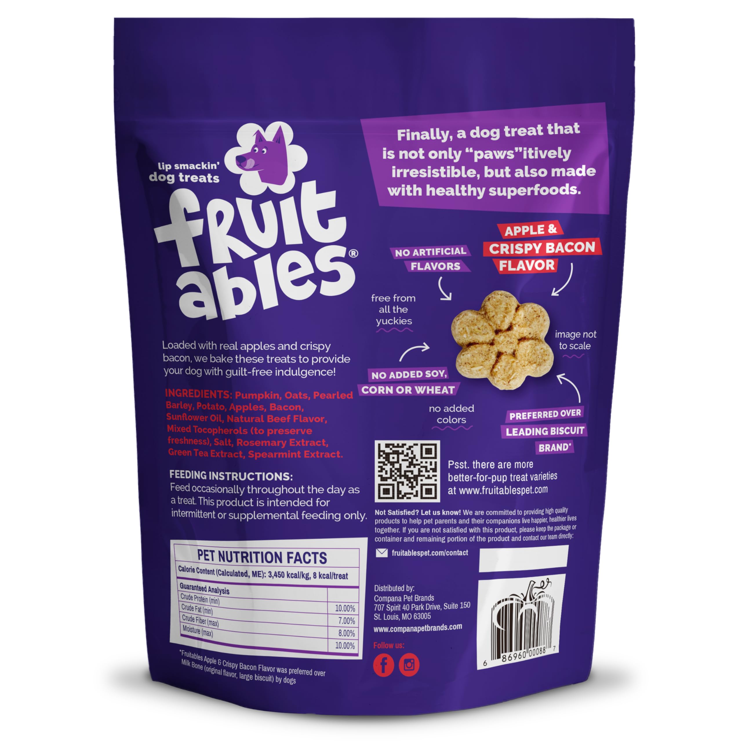 Galletas crujientes Fruitables con tocino y manzana, perfectas como premio durante entrenamiento.