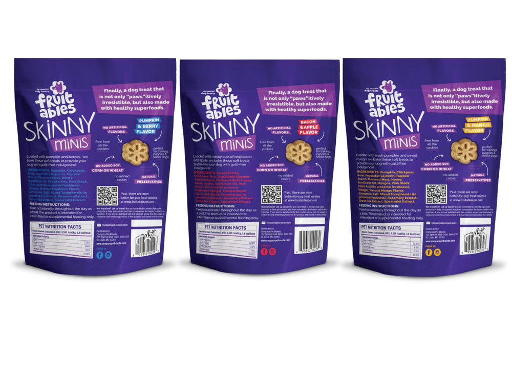 Fruitables Skinny Minis calabaza y bayas en bolsa, tentempié natural para perros activos