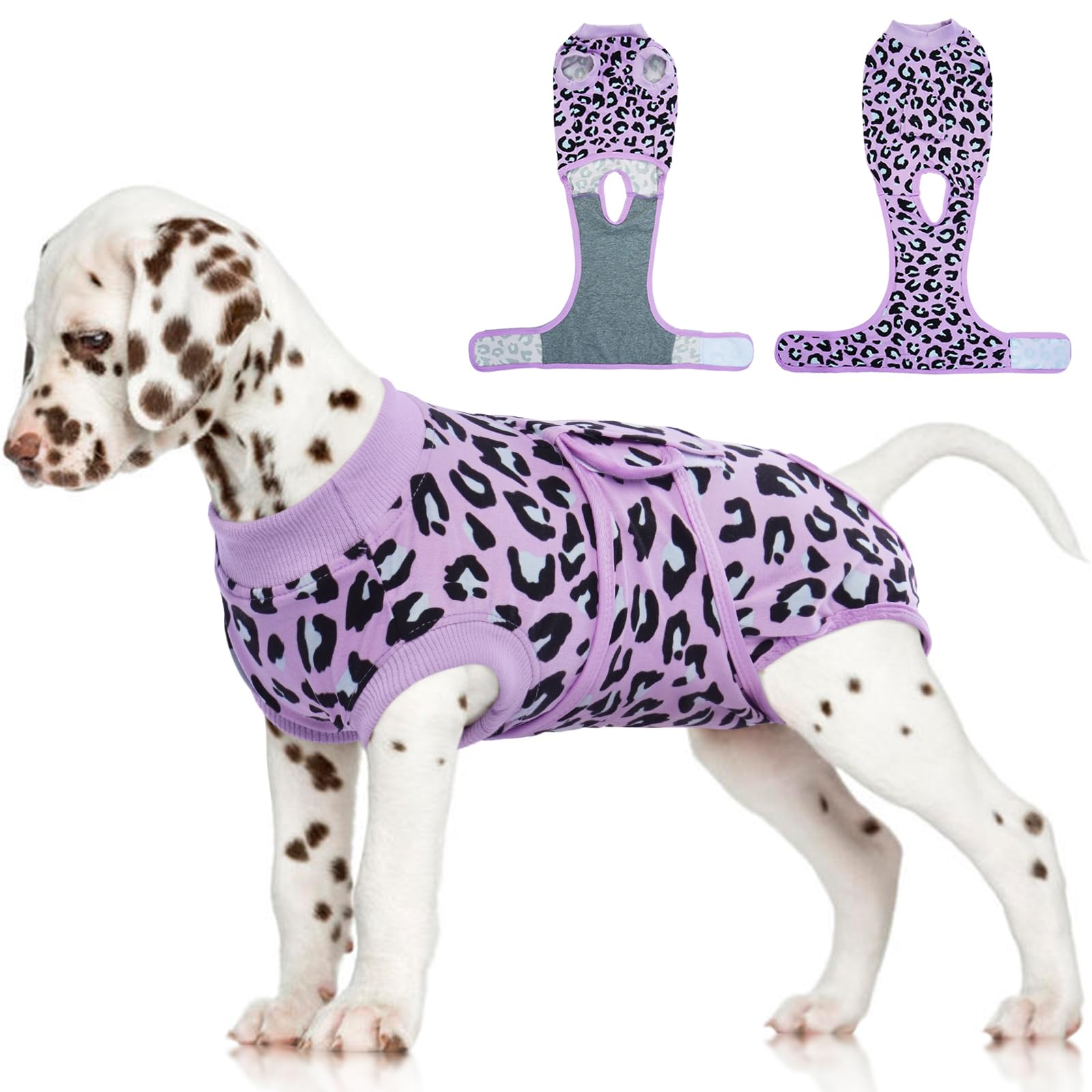 FUAMEY traje recuperación para perros, vista frontal morado leopardo, evita lamer heridas.