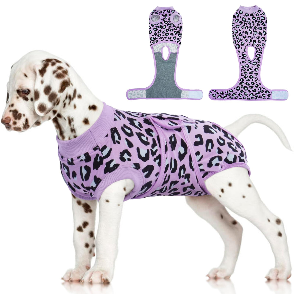 FUAMEY traje recuperación para perros, vista frontal morado leopardo, evita lamer heridas.