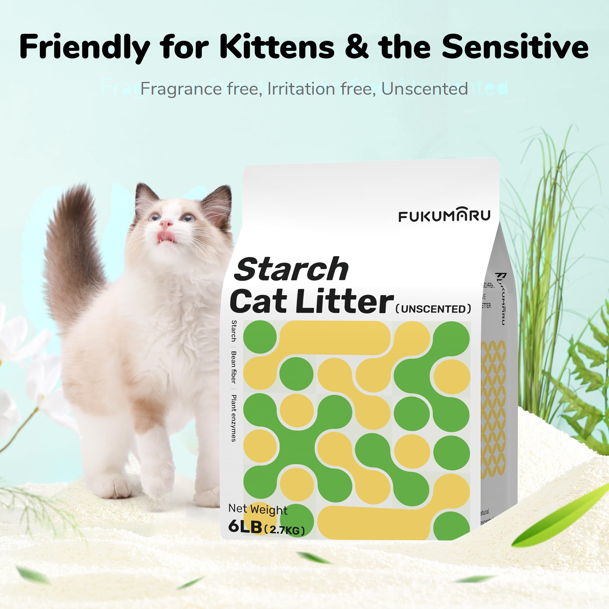 FUKUMARU arena de yuca para gatos, sin fragancia para gatitos y piel sensible.