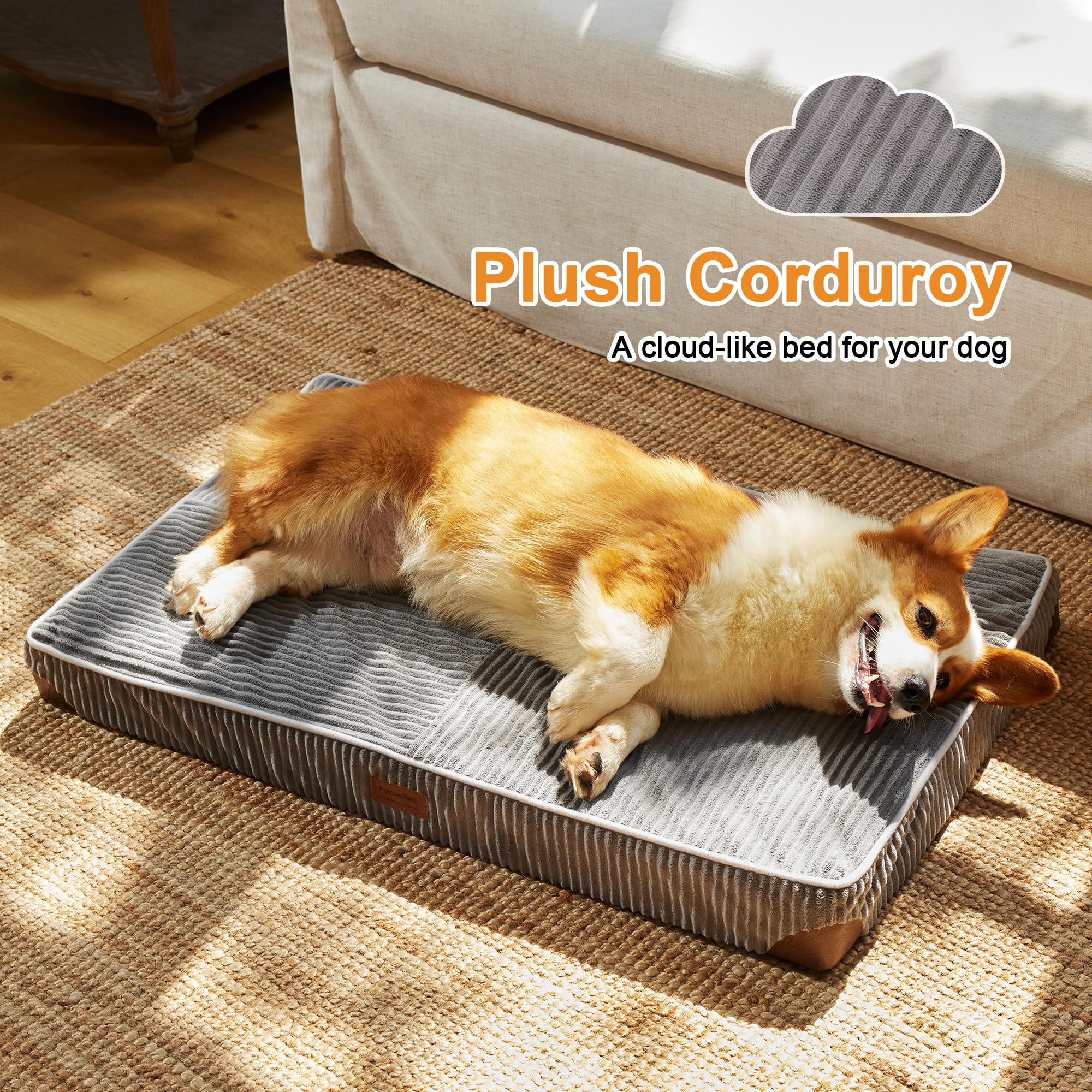 Cama para perro FUKUMARU con tela de pana acolchada y diseño mosaico de parches.