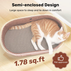 Gato descansando en el rascador ovalado FUKUMARU, diseño cómodo para la siesta.