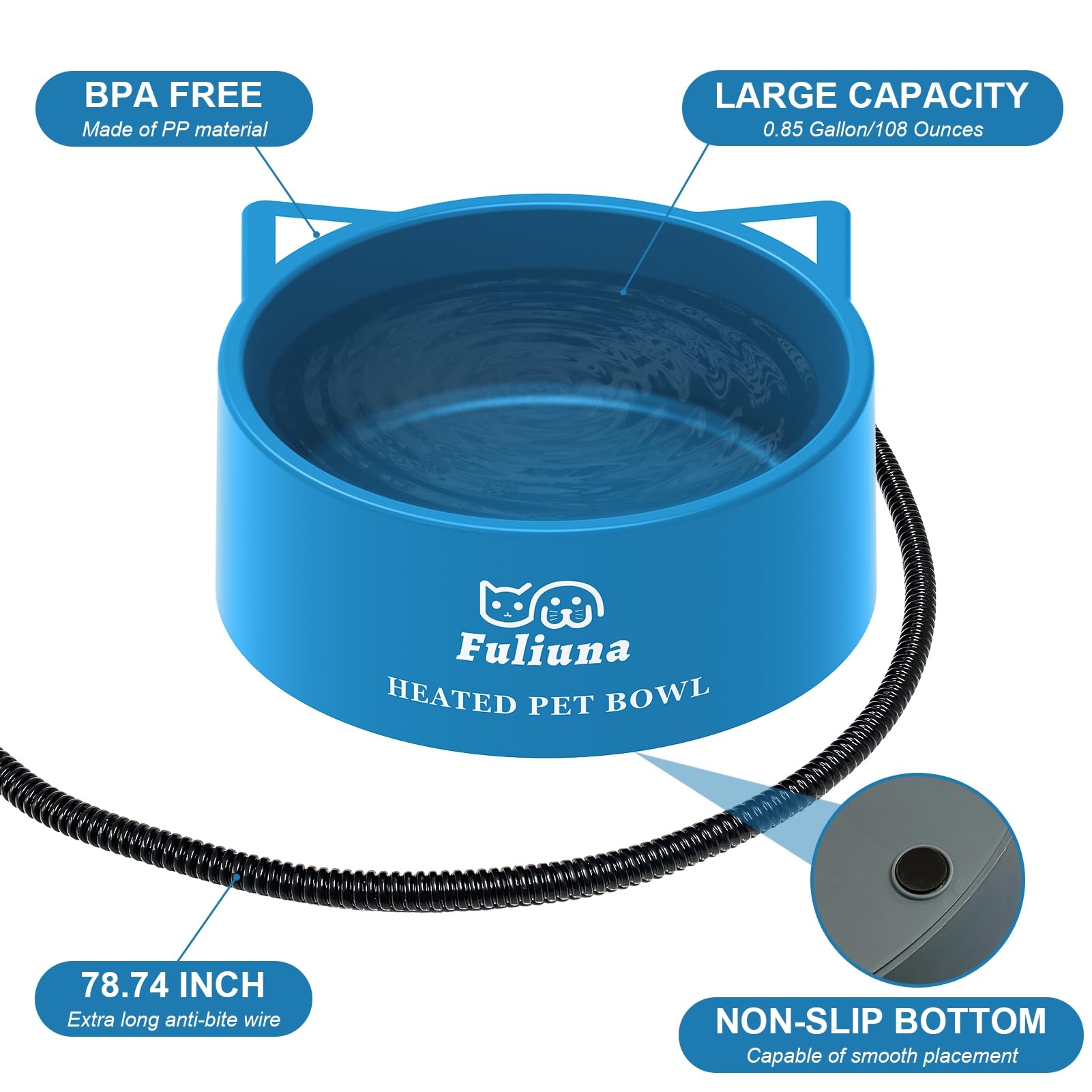 Tazón Fuliuna de 108 oz mantiene agua caliente para varios animales.
