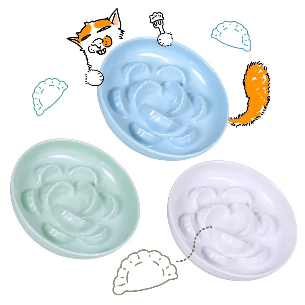 FullCharm conjunto de tres comederos lentos para gatos, colores azul, verde y blanco