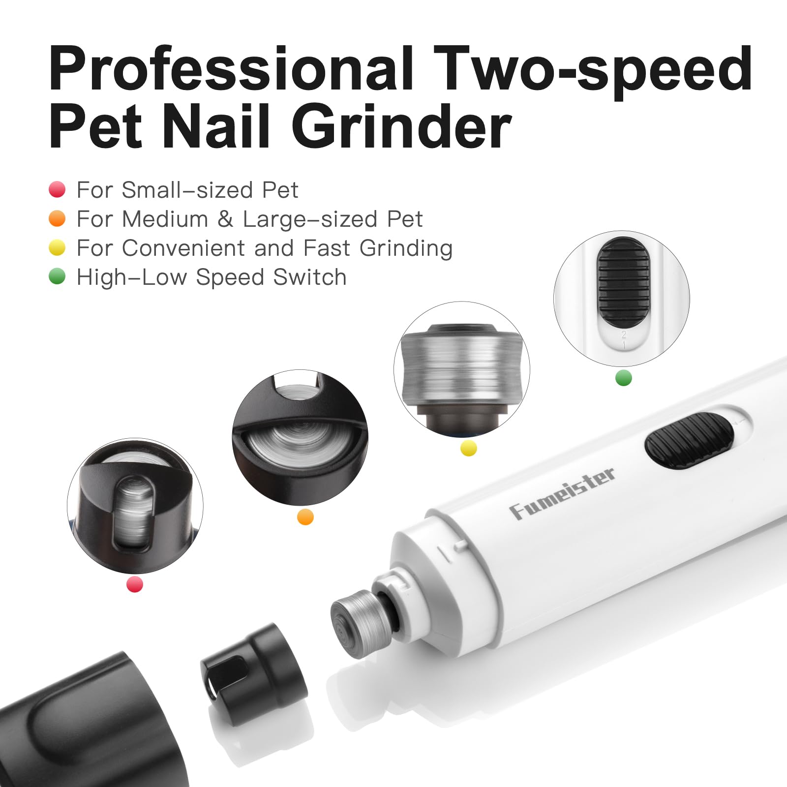 Lima de uñas Fumeister para perros, dos velocidades para ajuste suave.
