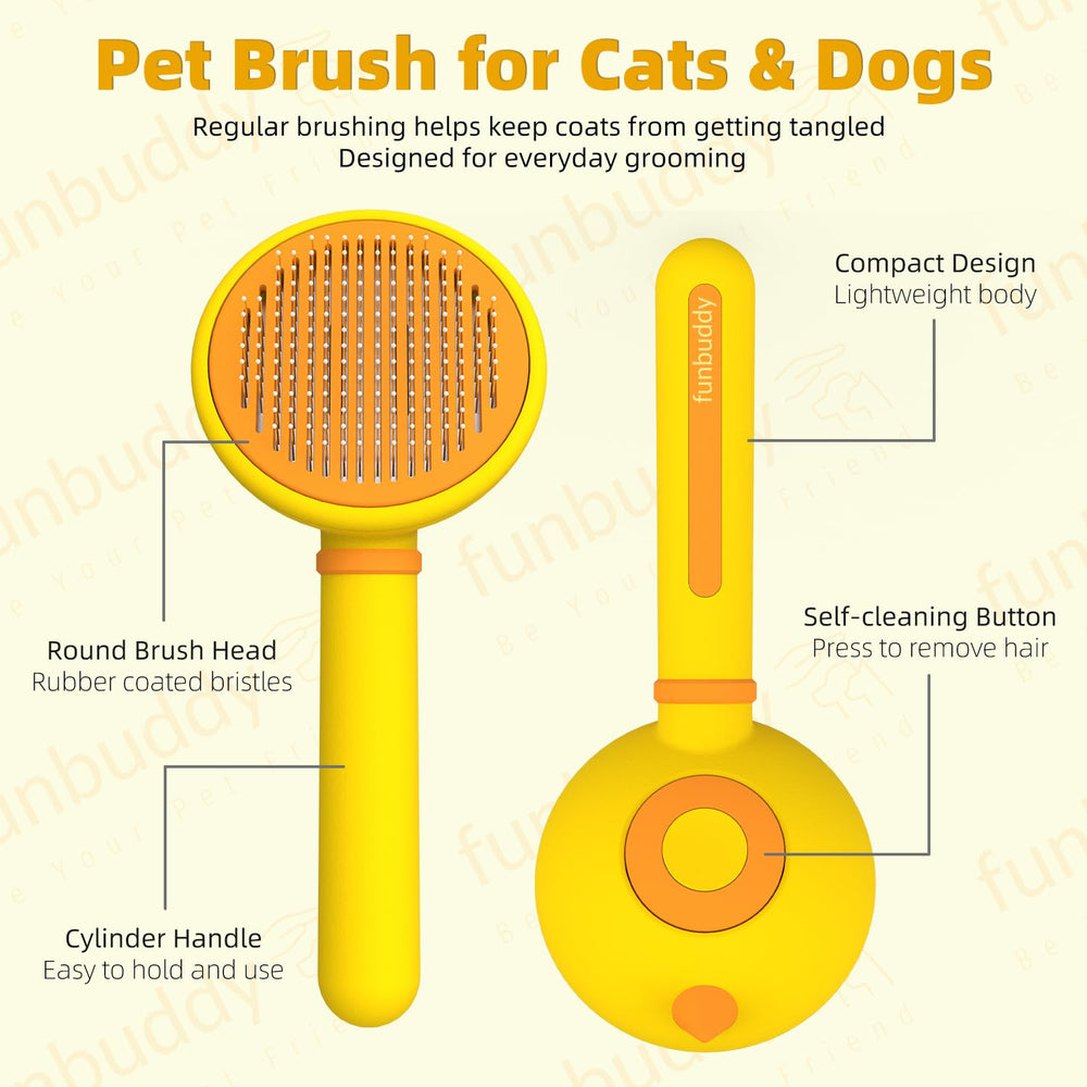 Cepillo para gatos Funbuddy con 184 pines densos penetra suavemente el pelaje para aflojar pelo.