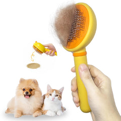 Cepillo para gatos Funbuddy con auto-limpieza que elimina pelo suelto en casa.