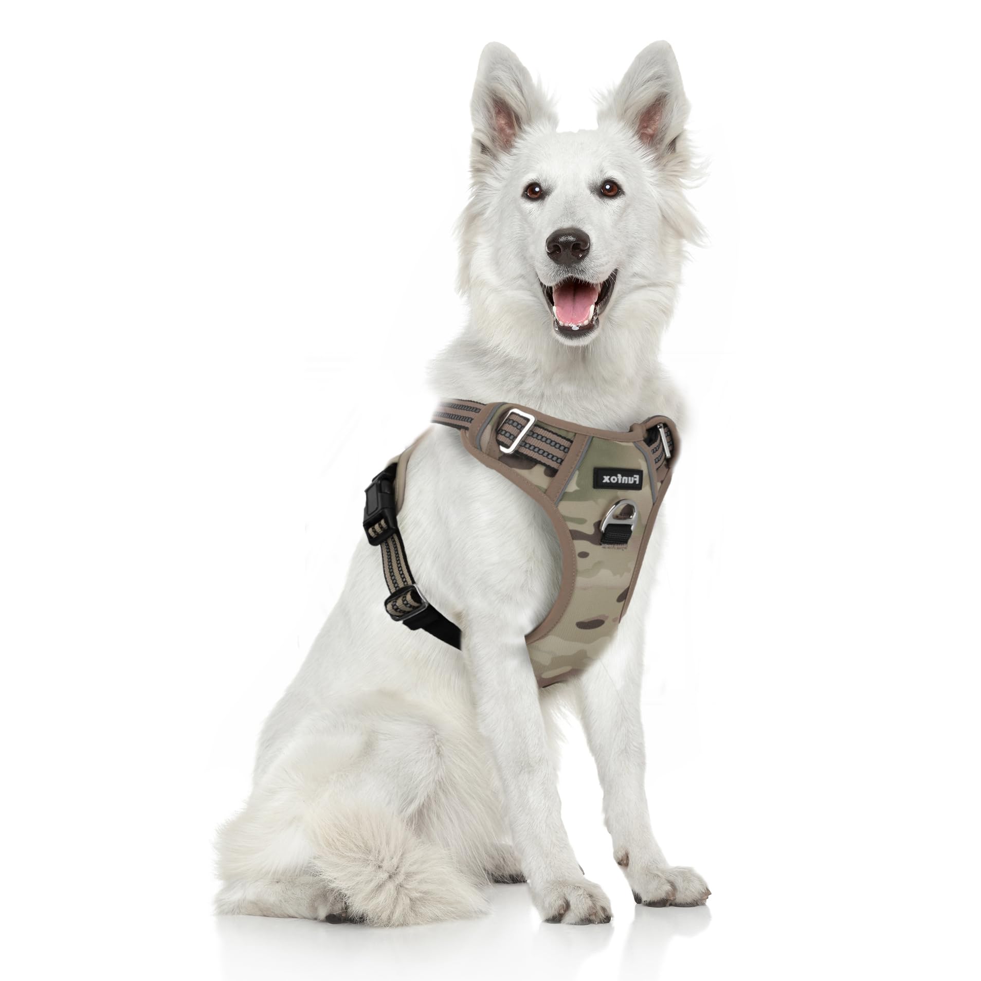 Arnés Funfox sin tirones camuflado marrón XL, cómodo para paseos prolongados.