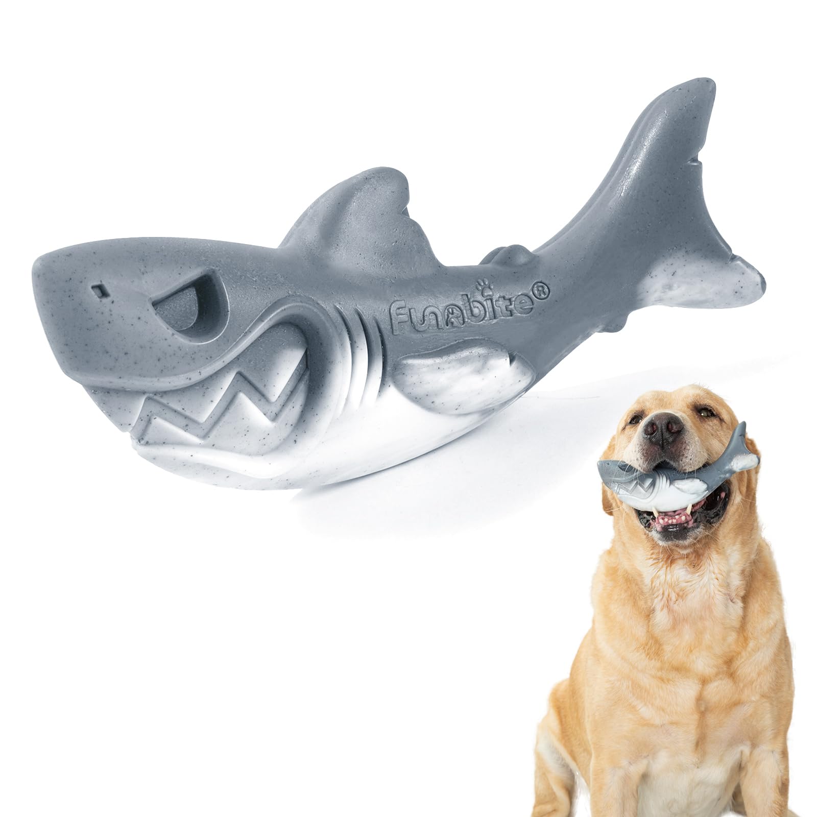 Juguete tiburón de nylon Funnbite con diseño curvado para recogerlo fácilmente.