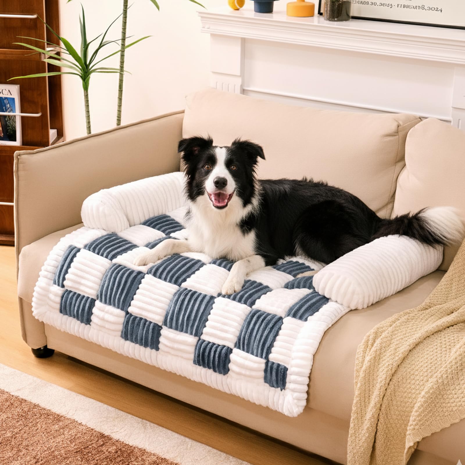 Funda para sofá de Funny Fuzzy con crema y cuadros, protege el mueble.