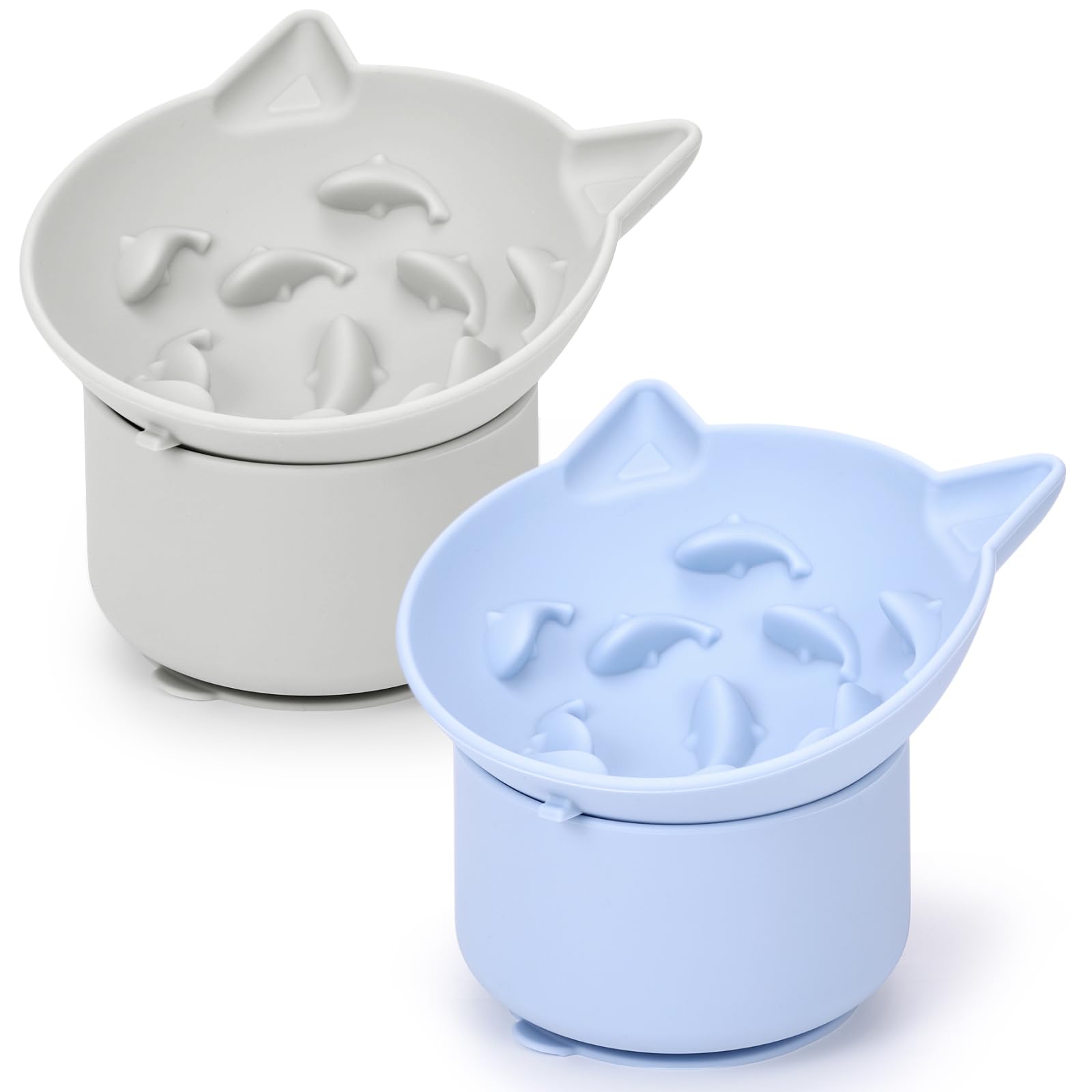Funnymoom conjunto de dos cuencos lentos para gatos en gris y azul, ideal para comidas diarias.