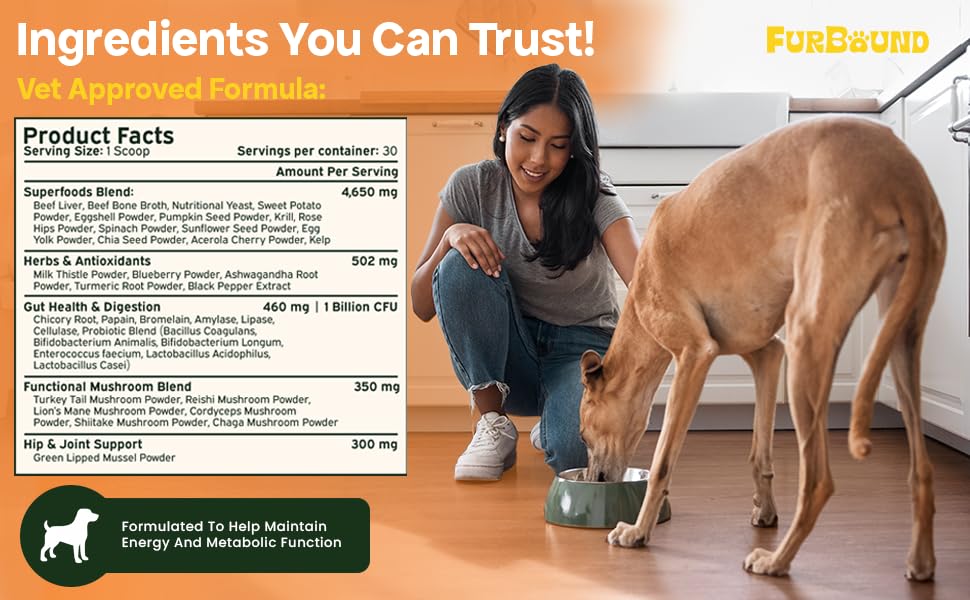 FurBound Polvo Multivitamínico para perros potencia la cognición y alerta.