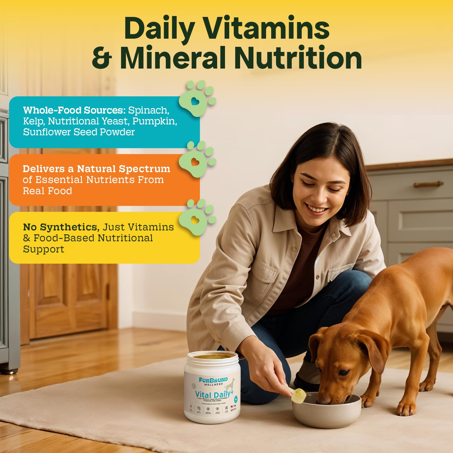 FurBound Polvo Multivitamínico para perros indica beneficios de detox y bienestar general.