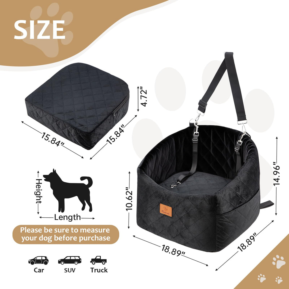 FurFrolic instalación fácil del asiento para perro, asegurado con cinturón y reposacabezas.