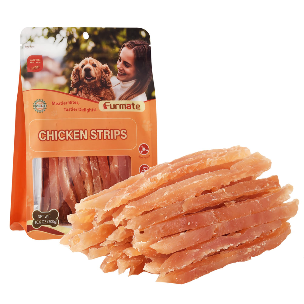 Furmate tiras de pollo para perros en bolsa de 10.58 oz, almacenamiento práctico
