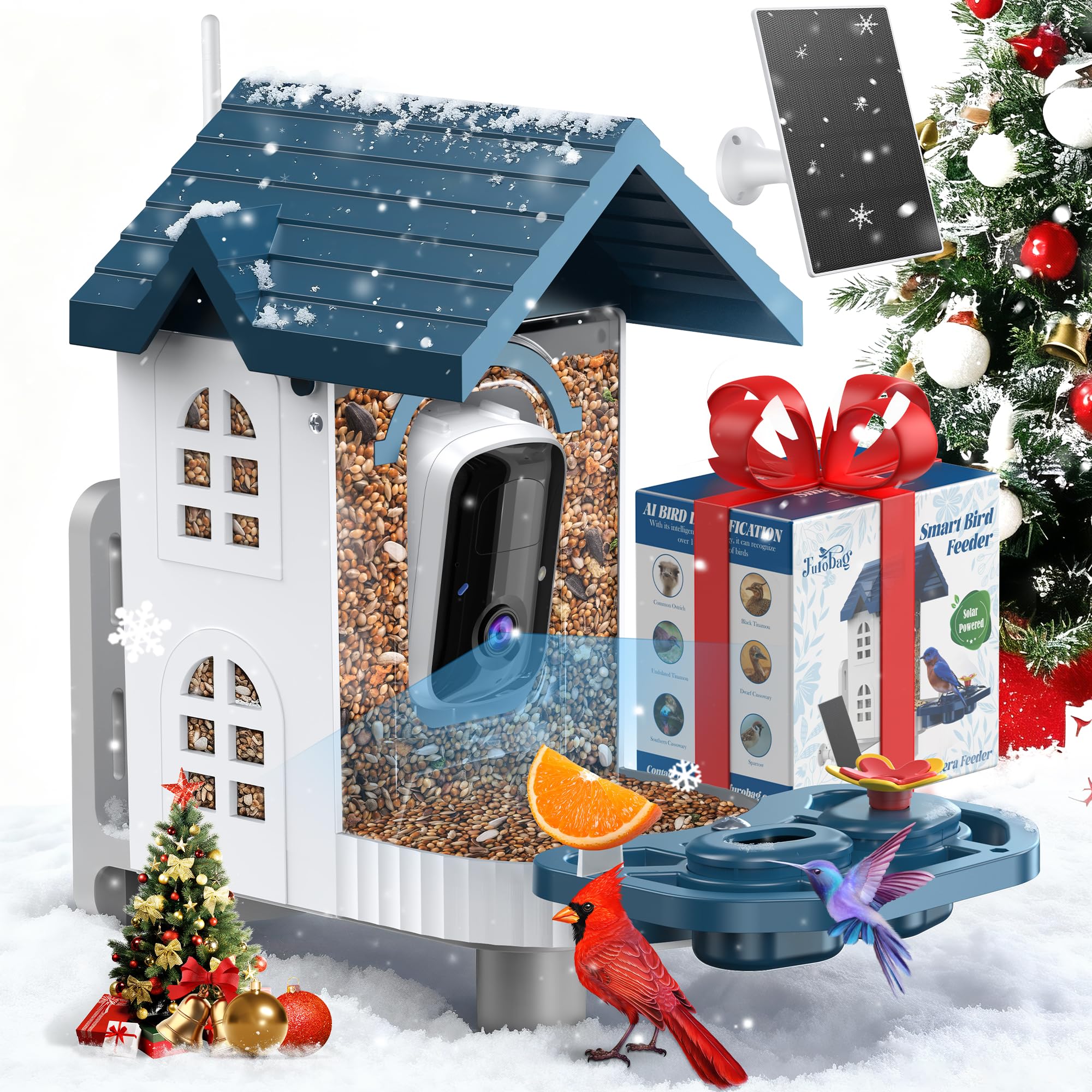 Vicohome alimentador con camara 2K capturando aves en exterior.