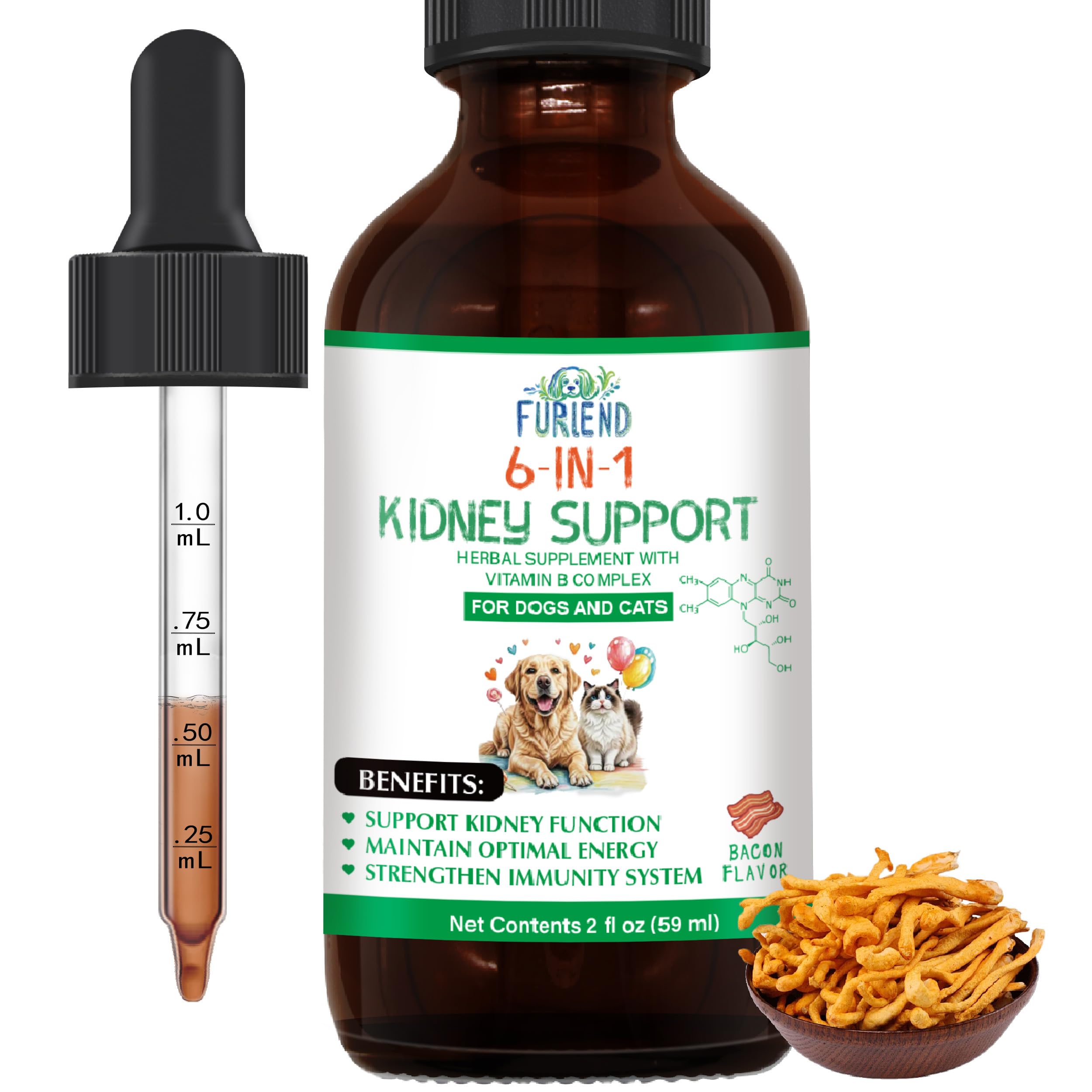 FURIEND: apoyo renal líquido con sabor tocino en frasco de 59 ml para gatos y perros.